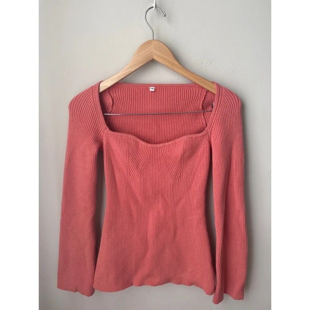 Coral Ribbed Scalloped Square Neck Bell Sleeve Sweater Small